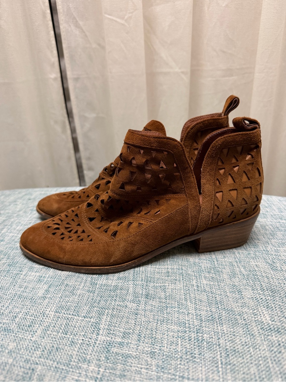 CECILIA NEW YORK Brown Suede Laser-Cut Ankle Booties with Pull Tab